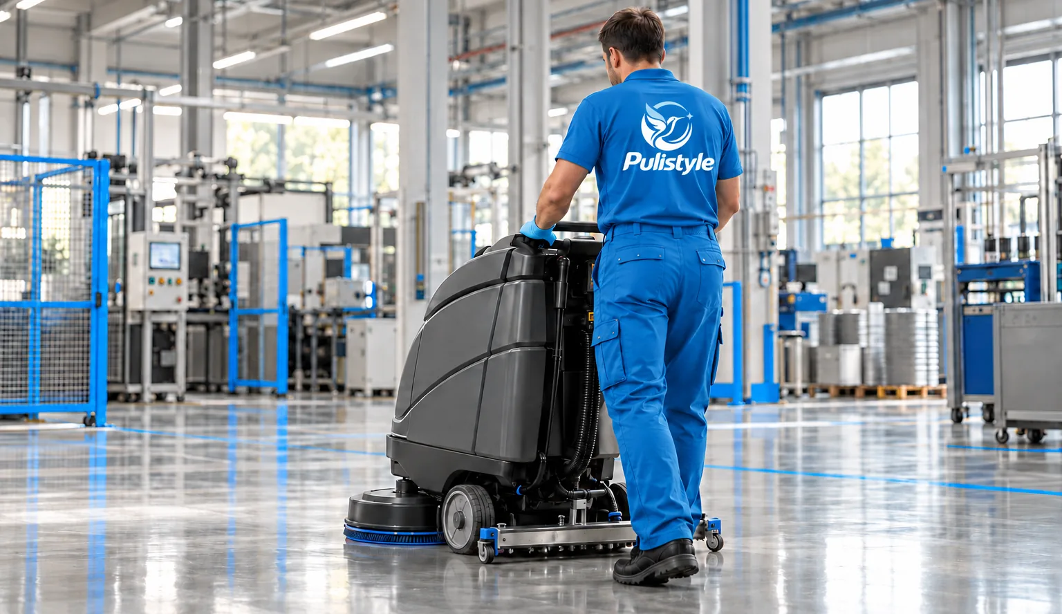 Un operatore Pulistyle con la lavasciuga in un capannone industriale