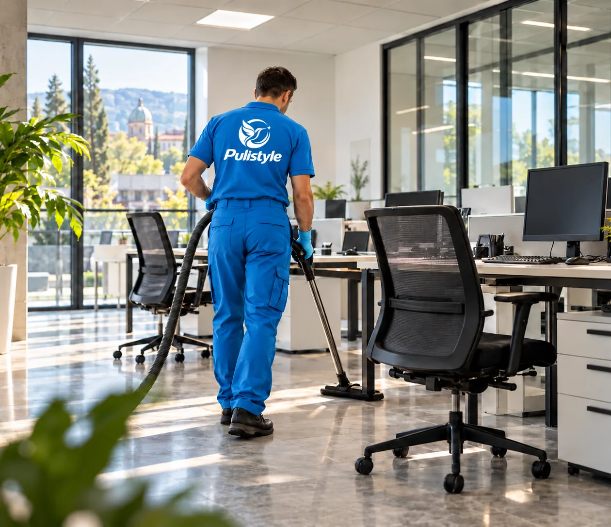 Un operatore Pulistyle passa l'aspirapolvere in un ufficio open space